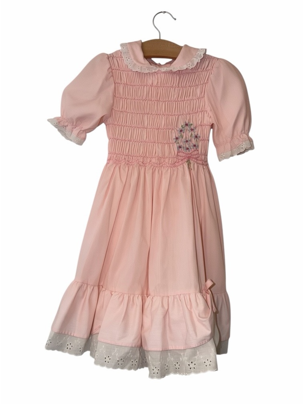 VTG Walt Disney Girls Pink Smocked Winnie The Pooh Dress Sz 6x Eyelet Hem